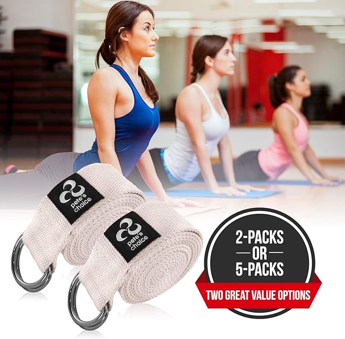 2-PACK or 5-PACK Yoga Exercise Adjustable Straps 8Ft | BONUS eBook | with Durable D-Ring For Pilates & Gym Workouts | Hold Poses, Stretch, Improve Flexibility & Maintain Balance
