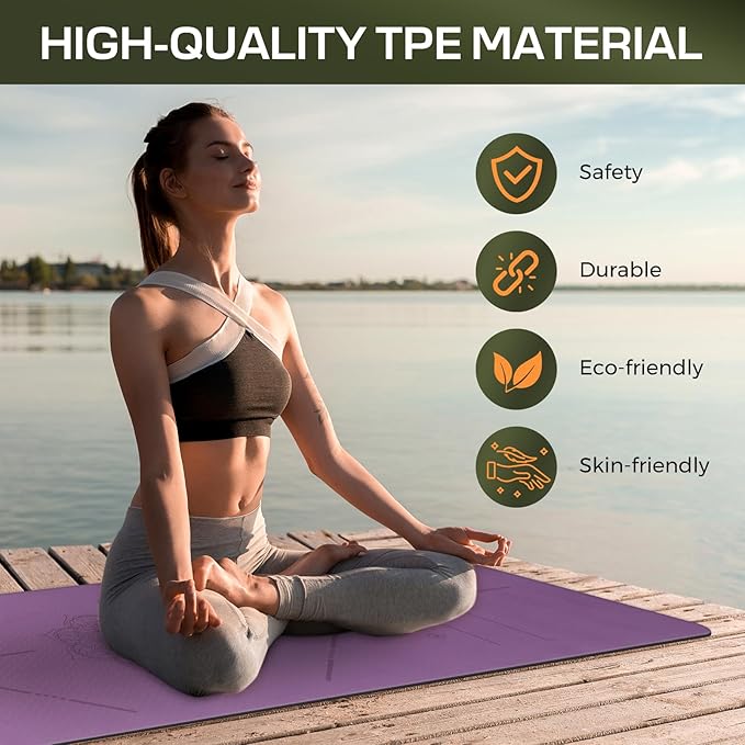 Yoga Mat Non Slip, Anti-Tear 3/16 Thick TPE Yoga Mats for Women and Men, 72"x24" Exercise & Fitness Mat with Carrying Strap, Workout Mats for Yoga, Pilates and Floor Exercise