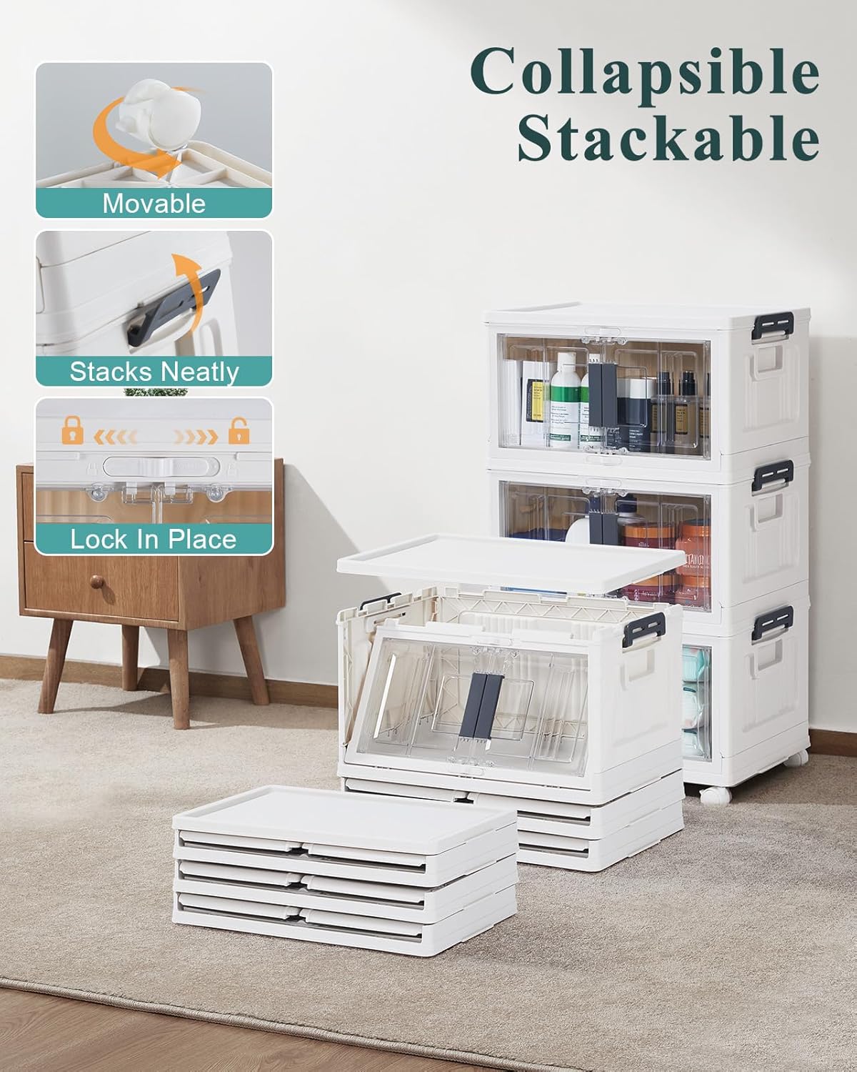 OlarHike 23QT Stackable Storage Bins with Lids - Folding Storage Box with Doors and Wheels, Collapsible Plastic Storage Bins for Closets and Organization, 3 Pack Cubes