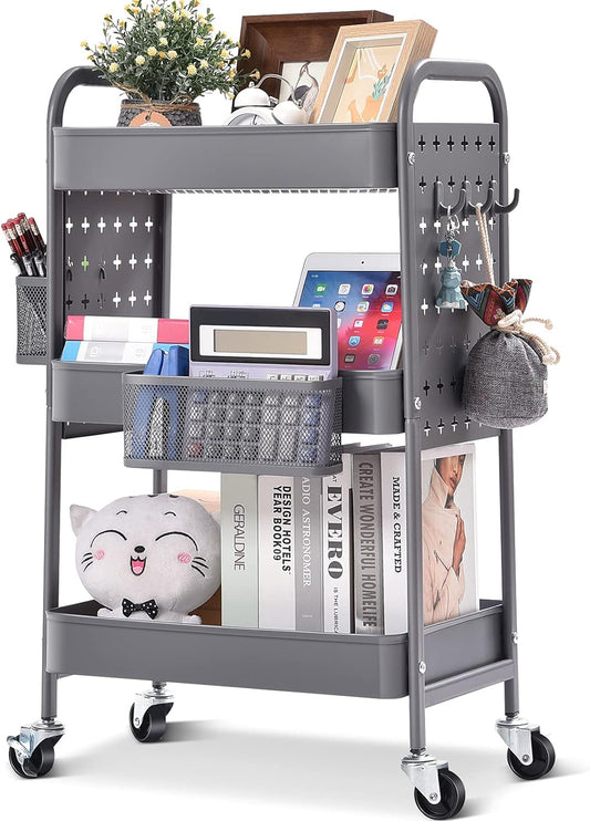 TOOLF 3-Tier Rolling Cart, Metal Utility Storage Cart with DIY Pegboards, Art Craft Trolley with Baskets Hooks, Serving Organizer Easy Assemble for Office, Home, Kitchen, Classroom (Grey)