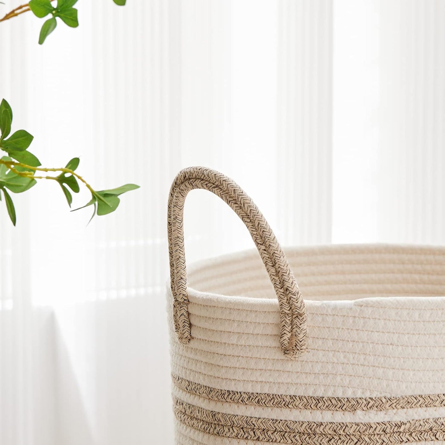 VIPOSCO Tall Laundry Hamper, Woven Rope Storage Basket for Blanket, Toys, Dirty Clothes in Living Room, Bathroom, Bedroom - 30L Brown & White