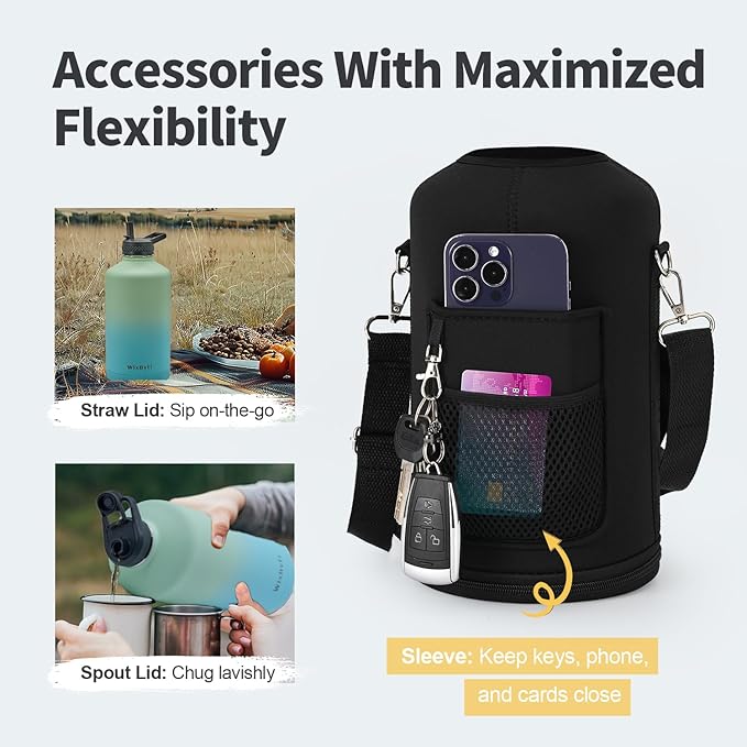 One Gallon Water Bottle Insulated, Triple Wall Vacuum Cold for 48 Hrs & Leak-proof & Non-BPA, 128oz Large Sports Stainless Steel Water Jug with Paracord Handle Straw Spout Lids & DIY Stickers