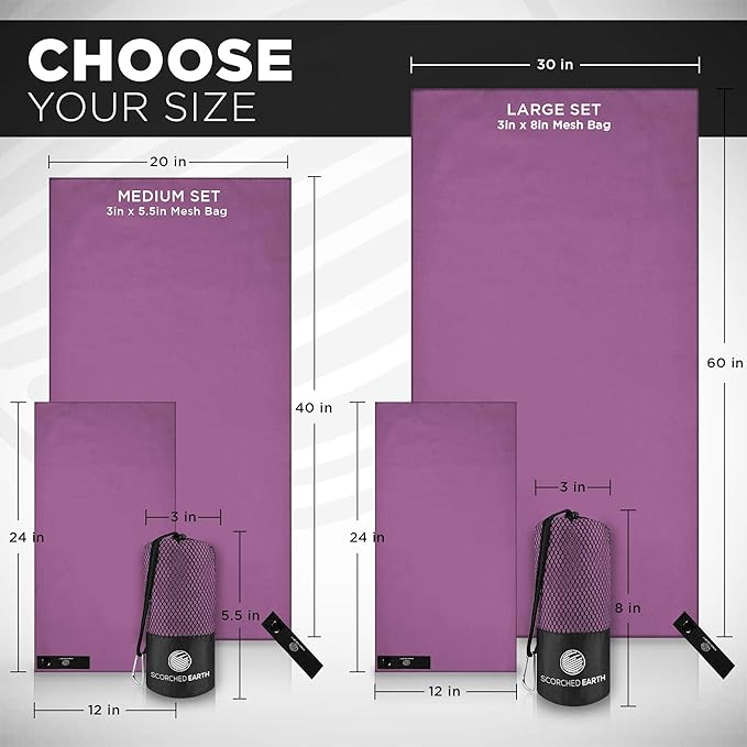 ScorchedEarth Microfiber Travel & Sports Towel Set - Quick Dry, Super Absorbent, Compact, Lightweight - for Camping, Backpacking, Hiking, Beach, Yoga, Swimming - Includes 2 Sizes + Carrying Bag & Clip