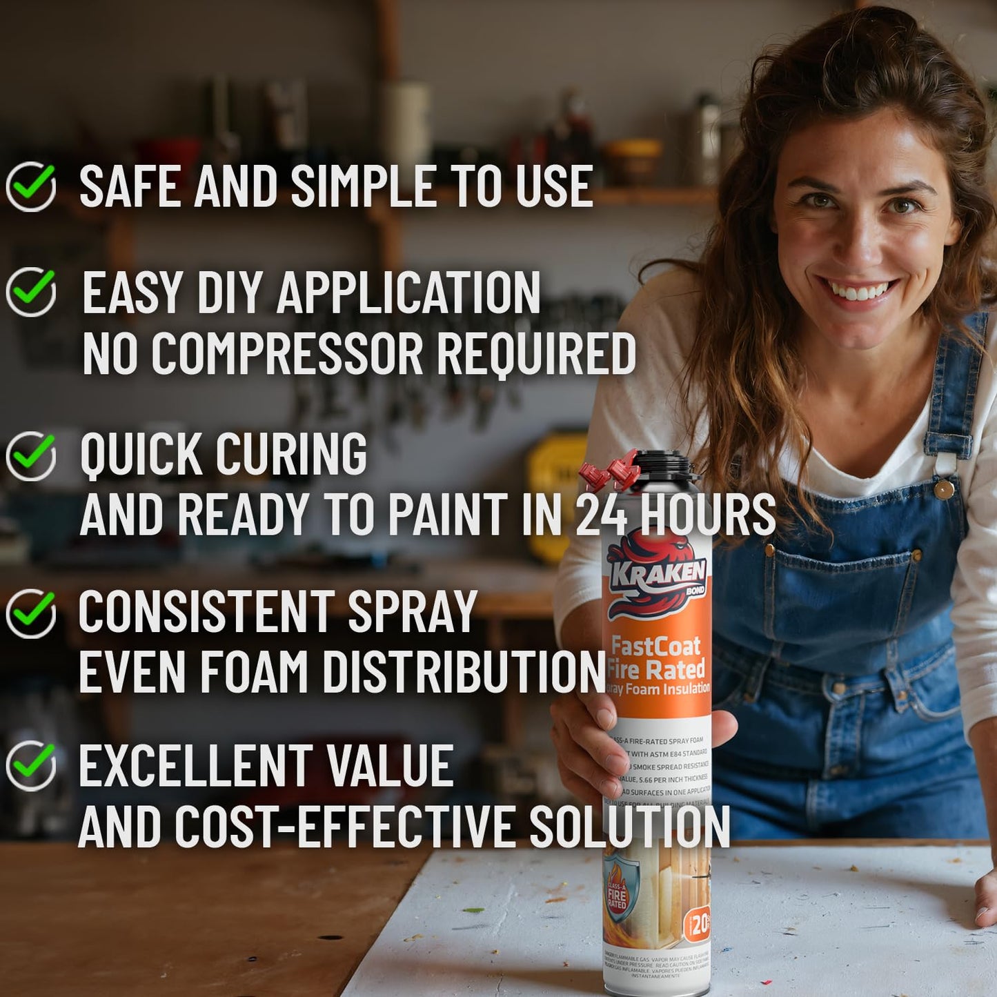 Kraken Bond Fastcoat Fire Rated Spray Foam Insulation Kit Closed Cell in a Can 240 sq ft (12x27.1 oz.)(R-Value 11.32 / 2in)- Spray Foam for Garage Door, Attic, Wall Gun & Cleaner Not Included, 12 Pack