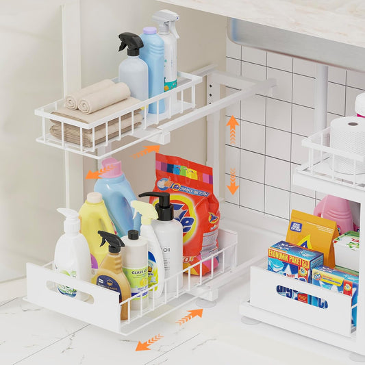 2 Pack Under Sink Organizer, 2-Tier Heavy Duty Metal Pull Out Cabinet Organizer Slide Out Sink Shelf Organizer Height Adustable, Multi-Purpose Storage Shelf for Kitchen Bathroom (White, 2 Pack)