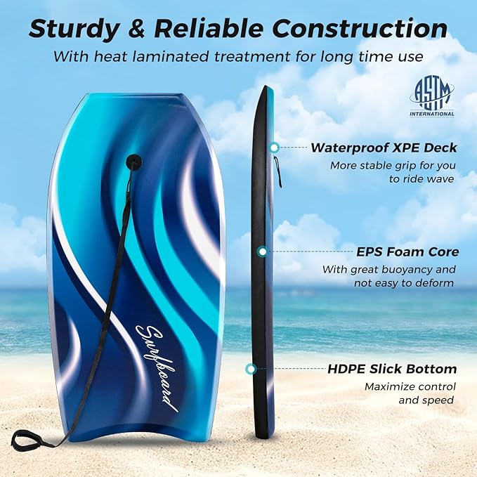 KOTEK 33/37/41 Inch Body Board with Wrist Leash, EPS Core, Dual Channel, HDPE Slick Bottom, Bodyboard for All Skill Levels & Wave Conditions