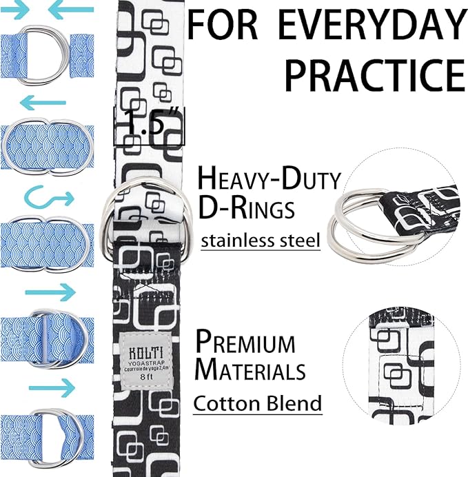 Yoga Exercise Adjustable Straps 8FT with Durable D-Ring for Pilates & Gym Workouts | Hold Poses, Stretch, Improve Flexibility & Maintain Balance