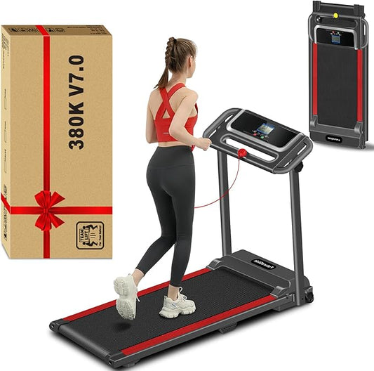 Portable Treadmill with Handle, 3.0HP Walking Pad Treadmill, Electric Compact Treadmills,Treadmills for Home Small Space with 12 Preset Programs, Walking Pad with Handle,300 LBS Capacity(Black Red)