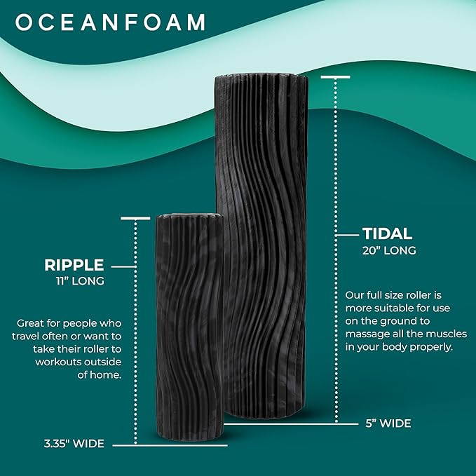 Oceanfoam Tidal Roller - Black & Charcoal Marbled - Muscle Massage Foam Roller for Back Pain & Stretching - Firm and Ergonomic Wide Wave Textured - Yoga, Athletics, & Wellness - Full Size, 20" x 5"
