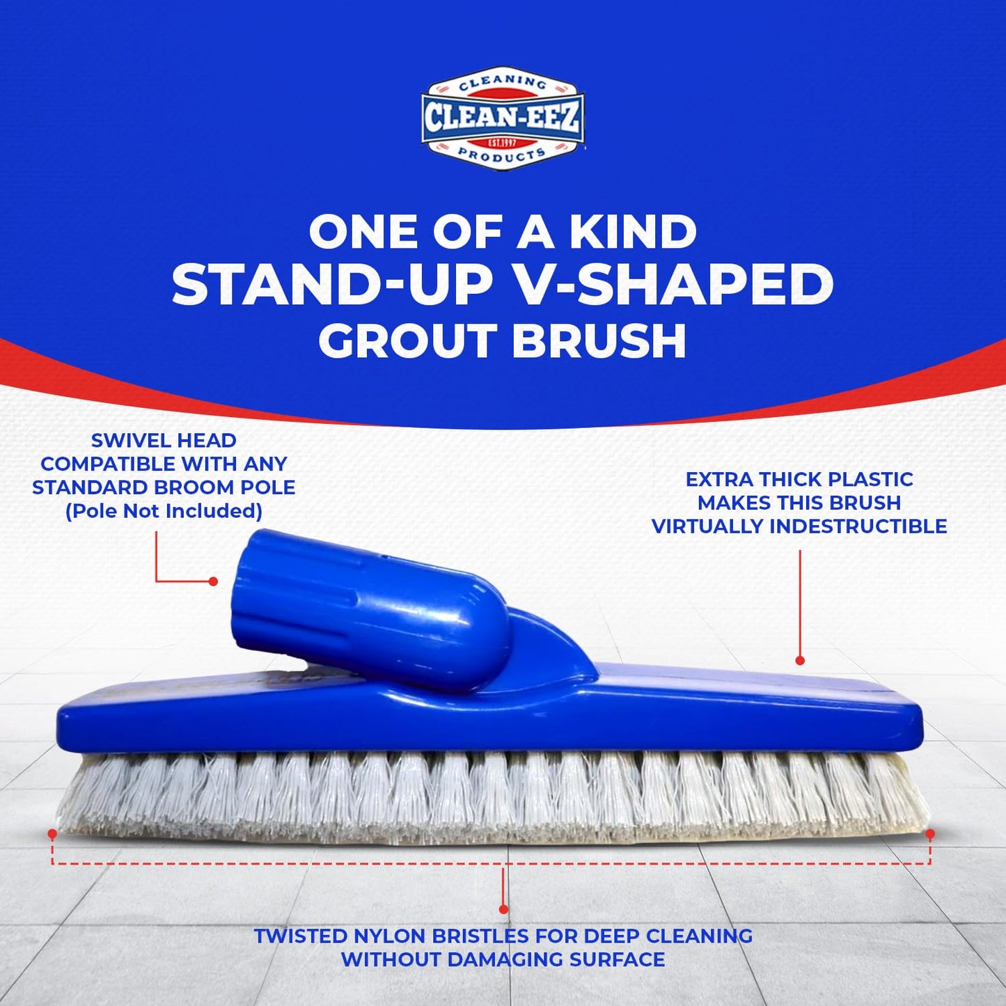 Clean-eez Grout-eez Tile Cleaner with Stand-Up Brush Head – 32 oz Heavy-Duty Stain Remover for Ceramic and Porcelain Floors – Safe for Colored Grout – Not for Natural Stone – Pole Not Included