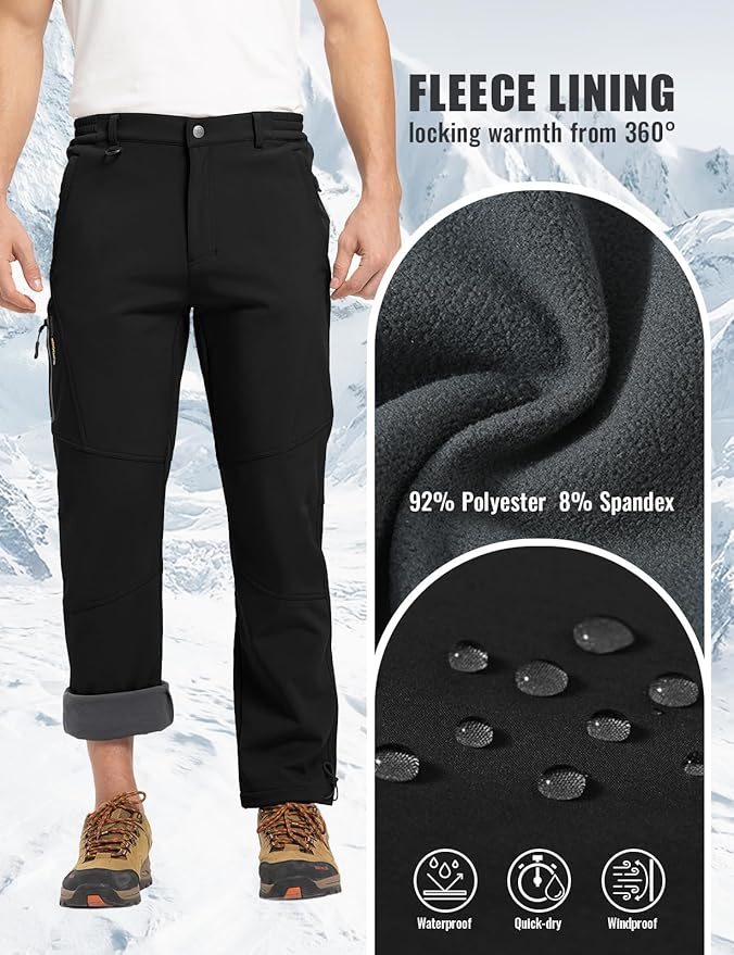 Rdruko Men's Snow Pants Waterproof Insulated Winter Hiking Pants Snowboard Fleece Lined Softshell Ski Pants