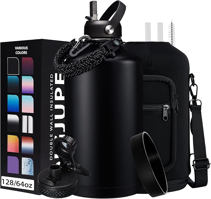 128OZ Insulated Water-Bottles with Strap - 1 Gallon Large Water Jug with Straw & Spout Lid, Stainless Steel Water Bottle Leak Proof, Cold-48h Hot-24h Metal Water Flask w/Paracord Handle, Carrier Bag