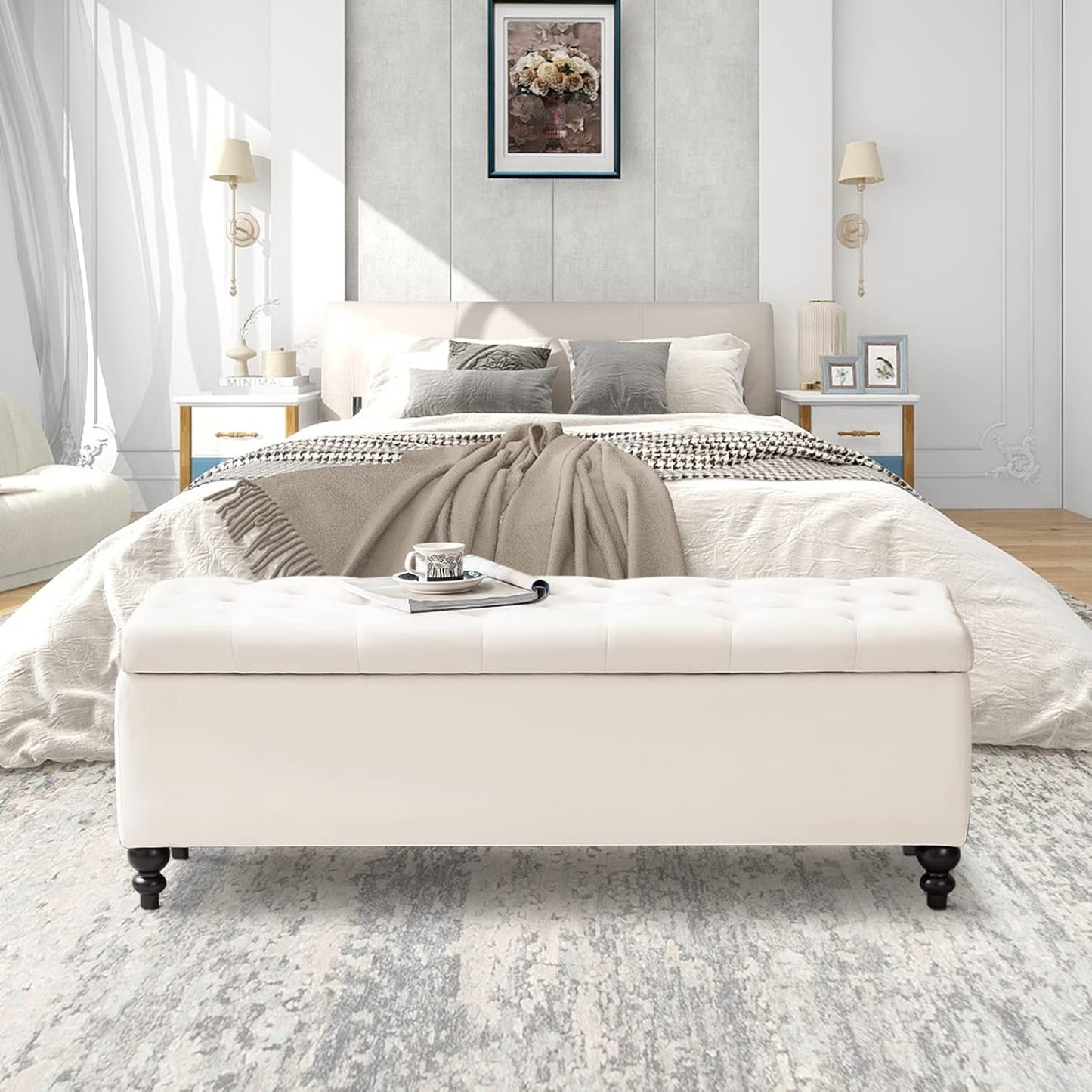 Storage Ottoman 50.2 Inches Upholstered Fabric Storage Ottoman Bench，Button Tufted Ottoman with Storage for Living Room，Bedroom End of Bed Bench Withstands 304lbs (Ivory)