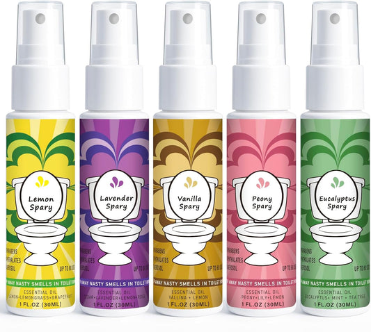 Travel Size Toilet Spray, Air Freshener Spray for Bathroom Deodorizer, Travel Essentials Variety - Lemon, Lavender, Vanilla, Peony, Eucalyptus