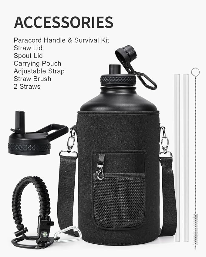 One Gallon Water Bottle,128oz Insulated Water Flask Stainless Steel Vacuum, Cold for 48 Hrs,BPA-Free & Leakproof -with Paracord Handle,Strap,Straw Spout Lids,Large Jug for Gym Sports,Black