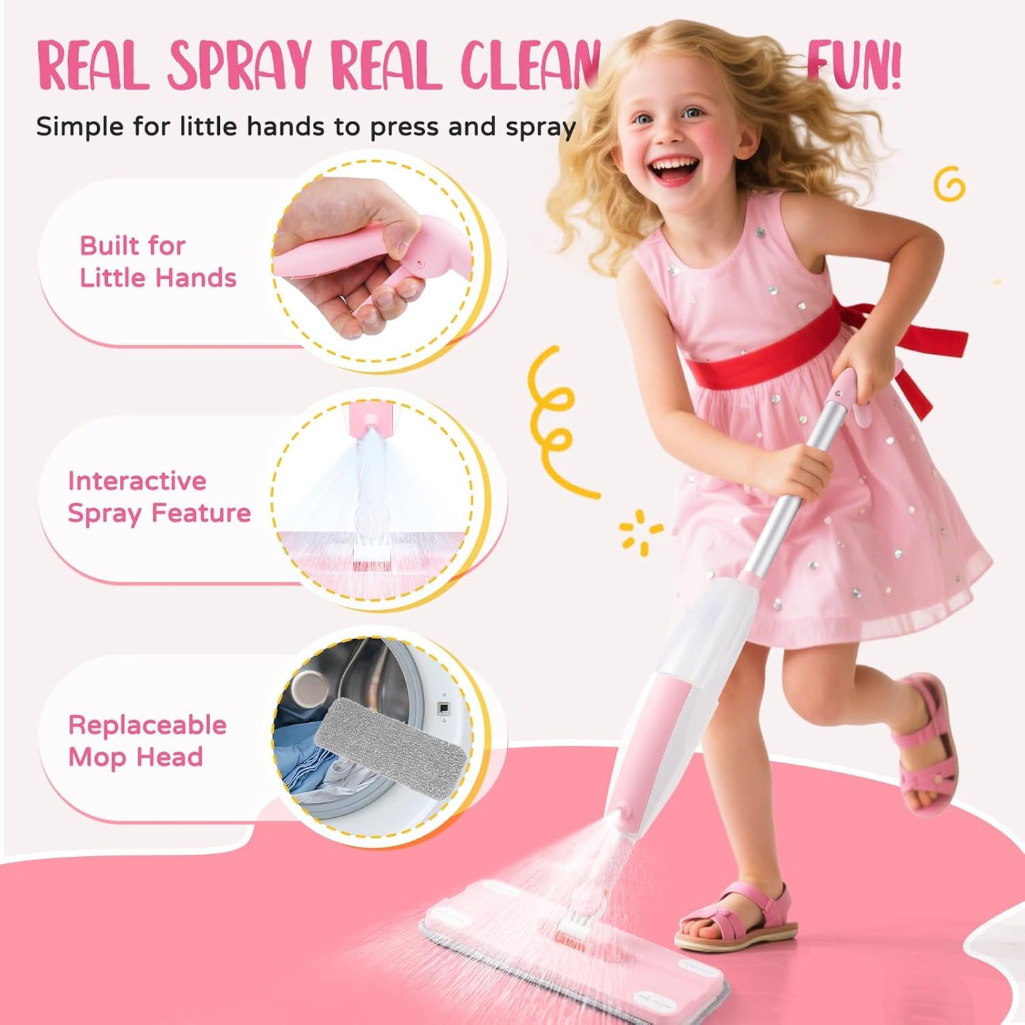 Kids Cleaning Toy Set,Pink Mini Spray Mop Montessori Toys Pretend Play Cleaning Tool for Toddlers with Spray Mop & Kids Broom Dustpan Set Cleaning Toys Gift for Toddlers Girls Boys Age 3+