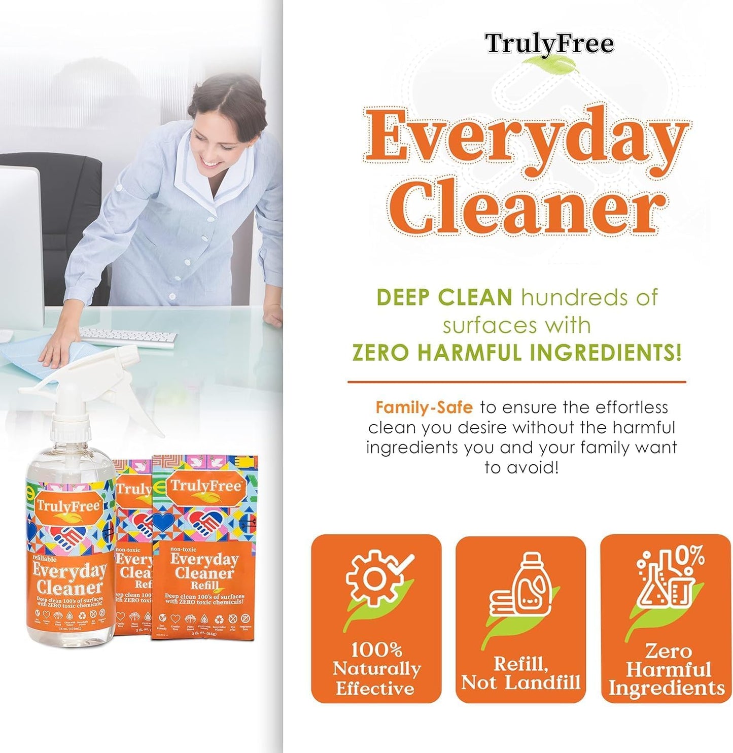 Truly Free Everyday Cleaner - Multipurpose Cleaner Spray, Kitchen Counter Cleaner, Natural Cleaning Products, Multi-Surface Household Solution - Pack of 3