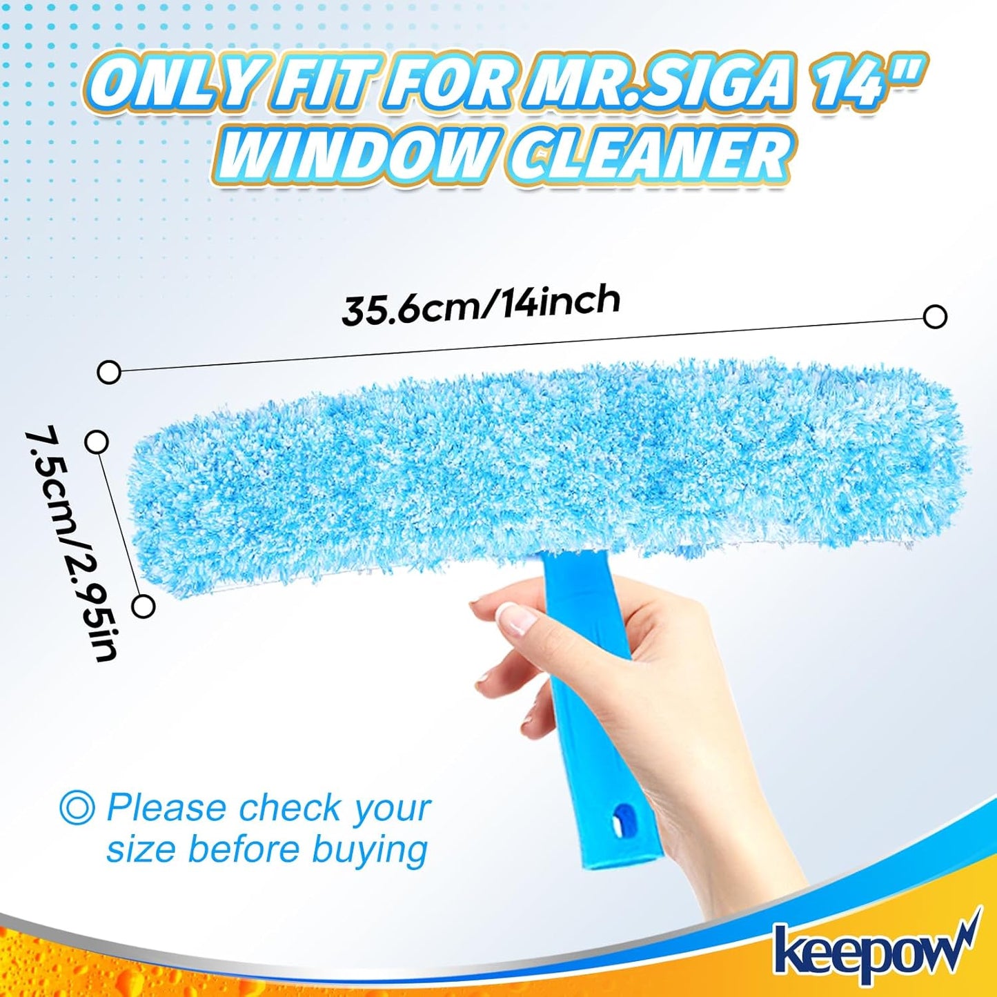 KEEPOW 14" Microfiber Window Scrubber Refill Replacement Compatible with MR.SIGA, Compatible with Ettore Professional Window Cleaning, Reusable & Washable Window Squeegee for Home (2 Pack)