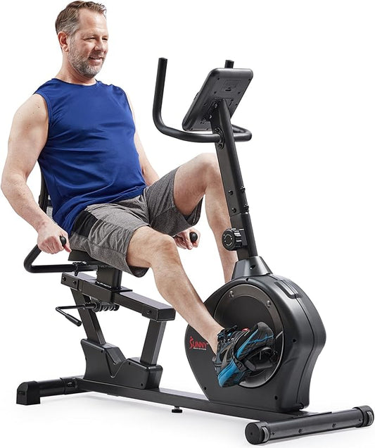 Sunny Health & Fitness Smart Heavy-Duty Recumbent Bike w/Wide Cushioned Seat & Back, Indoor Cycling Machine for Adult/Seniors Home Exercise, Free SunnyFit App Connect, Optional Workout Training Bands