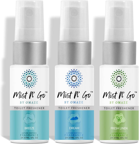 Mist N' Go by Omaze Travel Toilet Spray Odor Eliminator - Toilet Freshener for Bathroom Air Deodorizer - Clean Mix, Travel Size (3x1oz)