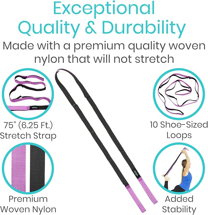Vive Stretch Strap (75" - 10 Loops) - Leg Stretch Band to Improve Flexibility - Stretching Out Yoga Strap - Exercise and Physical Therapy Belt for Rehab, Pilates and Gymnastics with Guide Book