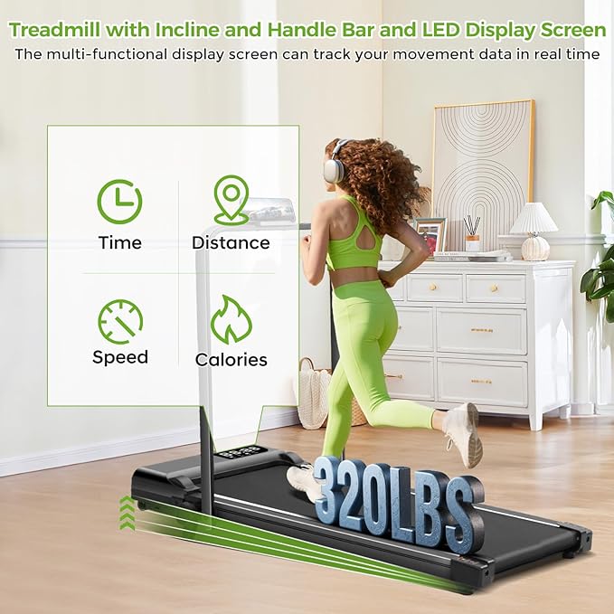Walking Pad with Incline and Handle Bar, 3.0HP Portable Electric Compact Walking Pads Treadmills with Handles for Home Small Spaces, Small Treadmill with Incline, 320 lbs Capacity, 0.6-6.2MPH