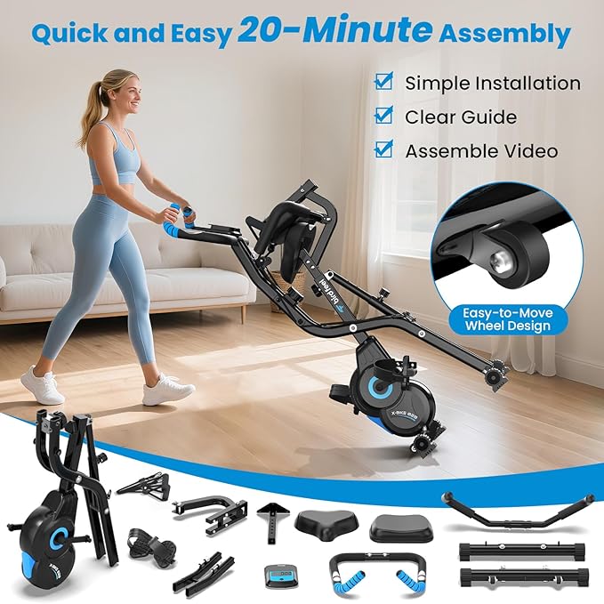 Foldable Exercise Bike, Multifunctional Indoor Stationary Bikes for Home with 8-Level Magnetic Resistance, Quiet Workout Bike with Arm Resistance Bands, LCD Monitor, 300LBS Capacity