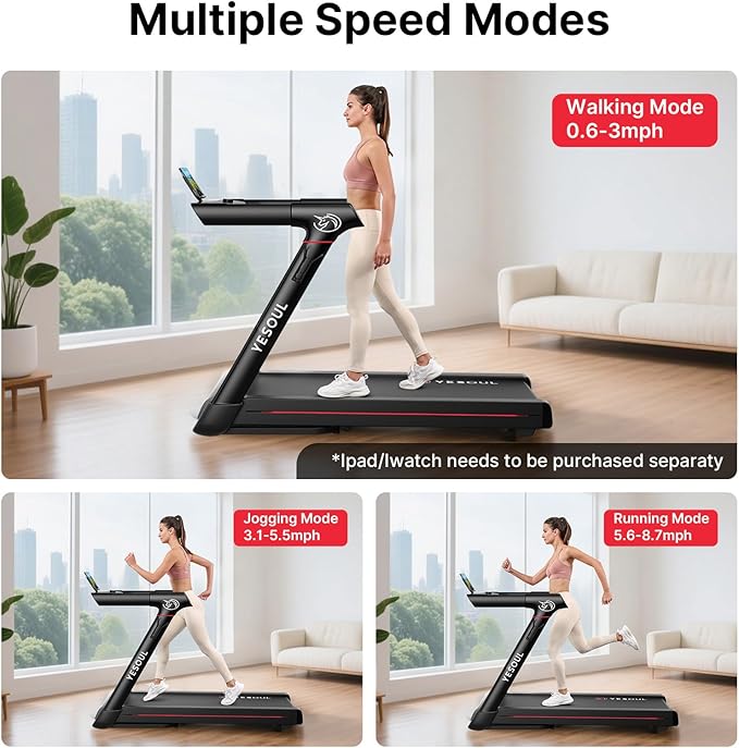 Yesoul Walking Treadmill for Seniors with Long Handrails – 4 Major Safety Protections, Emergency Stop Button, Treadmill for Home 300 lbs Capacity, Recovery Walking Machine with LED Display