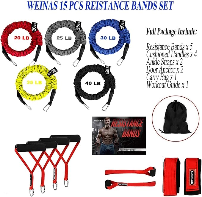 Resistance Bands, 15 Pieces Exercise Elastic Bands Set, 20lbs to 40lbs Resistance Tubes with Heavy Duty Protective Nylon Sleeves Anti-Snap for Fitness SUPALAK