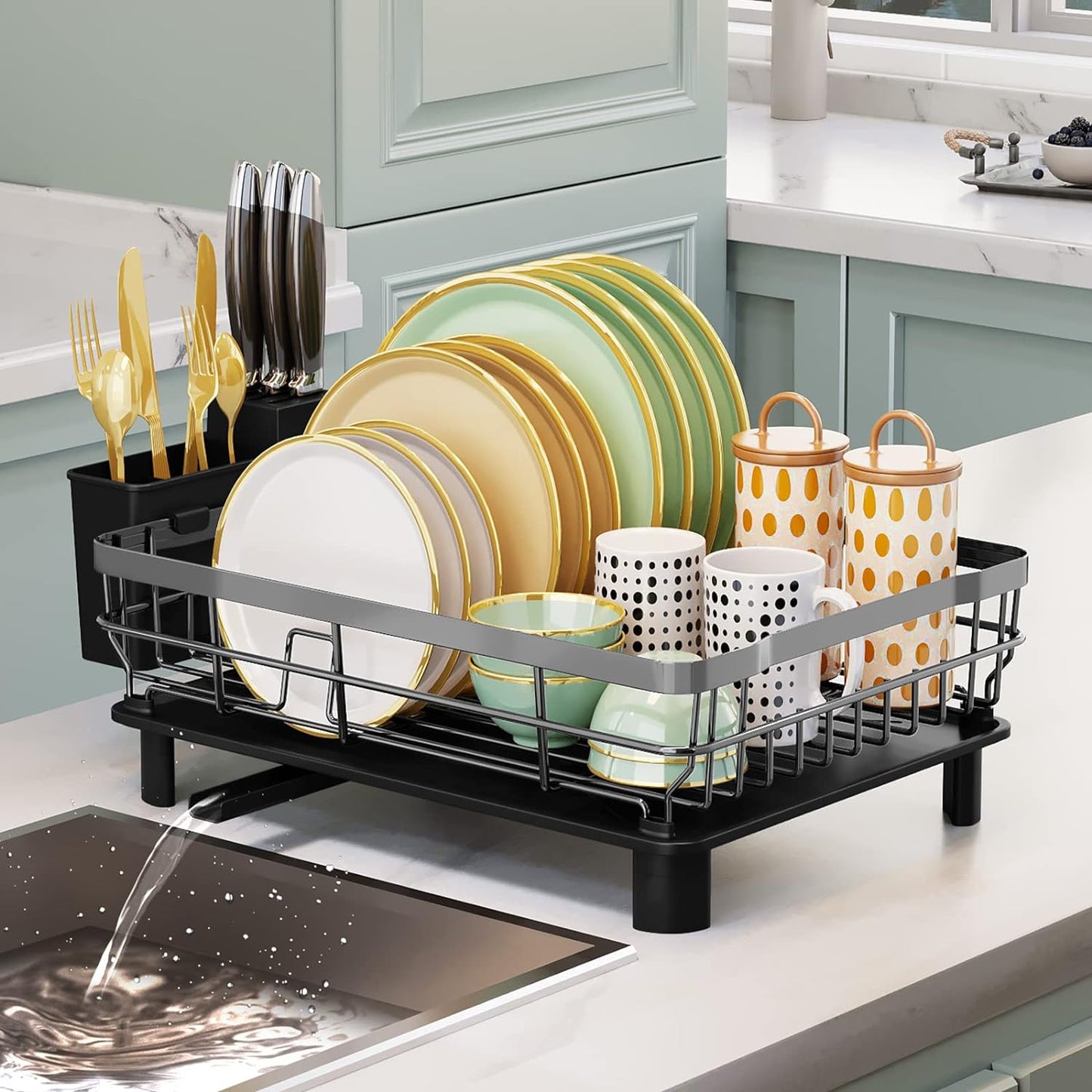 Iron Dish Drying Rack with Drainboard Dish Drainers for Kitchen Counter Extendable Spout Strainers with Utensil Holder and Knife Slots, Grey