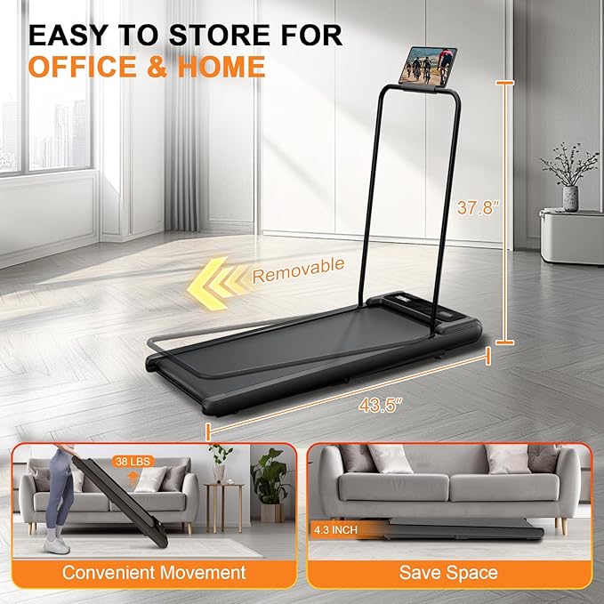Walking Pad with Handle Bar, 2.5HP Treadmill with Handle, Portable Under Desk Treadmill for Home Office Use, Adjustable Incline, Large LED Display, Remote Control