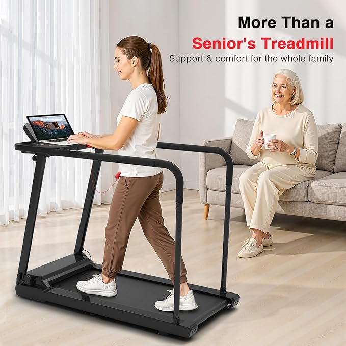 Redliro Treadmill for Seniors with Long Handrails - Recovery Machine for Walking 300 lbs Weight Capacity - Walking Treadmill Elderly with Desk & Cup Holder (Glossy Black)