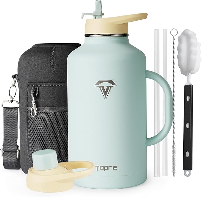 Half Gallon Water Bottle with Handle and Carry Pouch,64 oz Stainless Steel Insulated Jug Flask with Straw Lid Spout Lid,Reusable Metal Water Bottle Mug Tumbler Cup,Keep Cold & Hot,Green