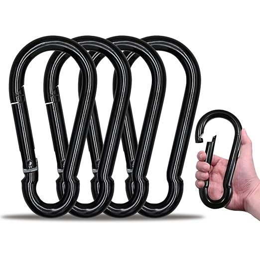 KINLINK 4 Pack Black Carabiner Clip, 7 inch Heavy Duty Spring Snap Hook, Large Caribeener Clips for Camping, Swing Set, Hammock, Hiking, Travel, Weight Lifting Machine, Home Gym Equipment