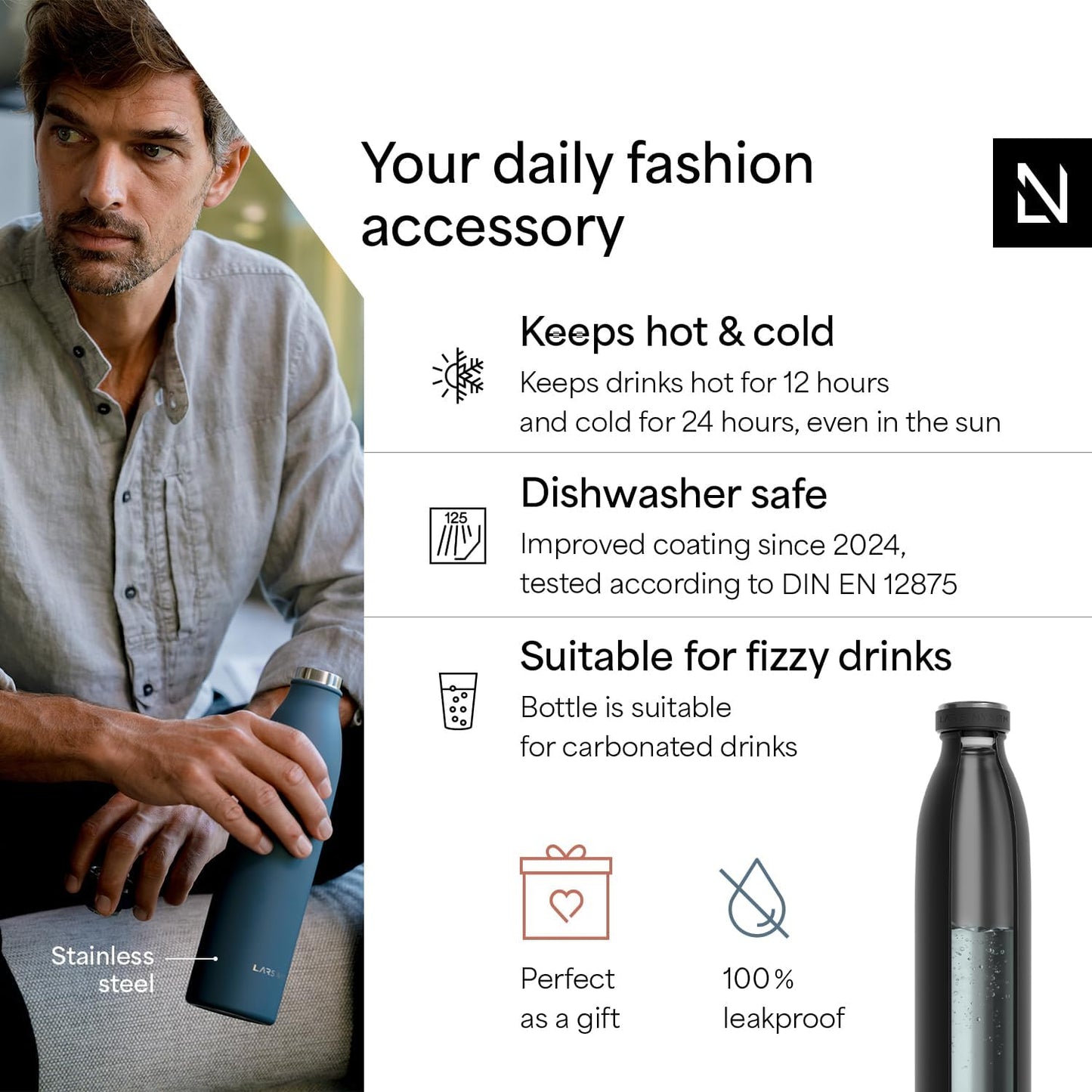 LARS NYSØM Stainless Steel Insulated Water Bottle 12oz 17oz 25oz 34oz 51oz | Insulated Thermo Flask for Hot and Cold Beverages | Leakproof Drinking Bottle (Carbon Black, 17oz)