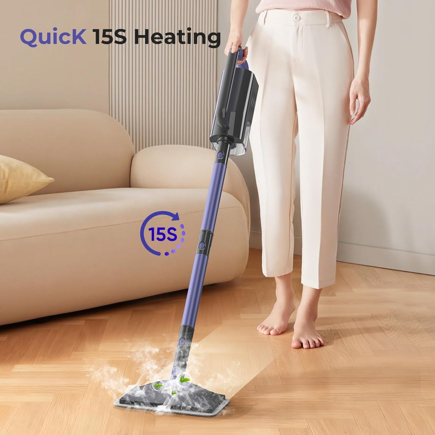 Steam Mop, Steam Cleaner with Large-Capacity Water Tank, 2 Washable Pads, 23FT Power Cable floor steamer, Detachable Steam Mops for Floor Cleaning (Purple)