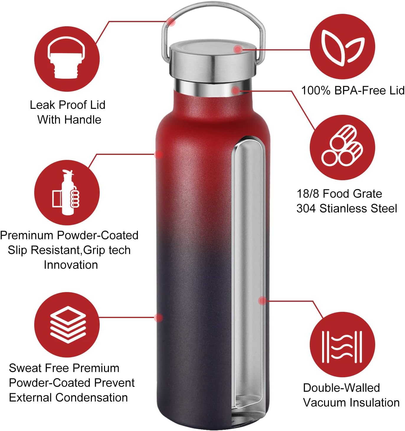 Neihepal 20 oz Insulated Water Bottles Bulk 4 Pack,Stainless Steel Double Wall Sport Bottle with Lid of Handle,Metal Reusable Thermoses Flask for School,Cyclists,Hikers,Gift (Dark Rainbow,Set of 4)