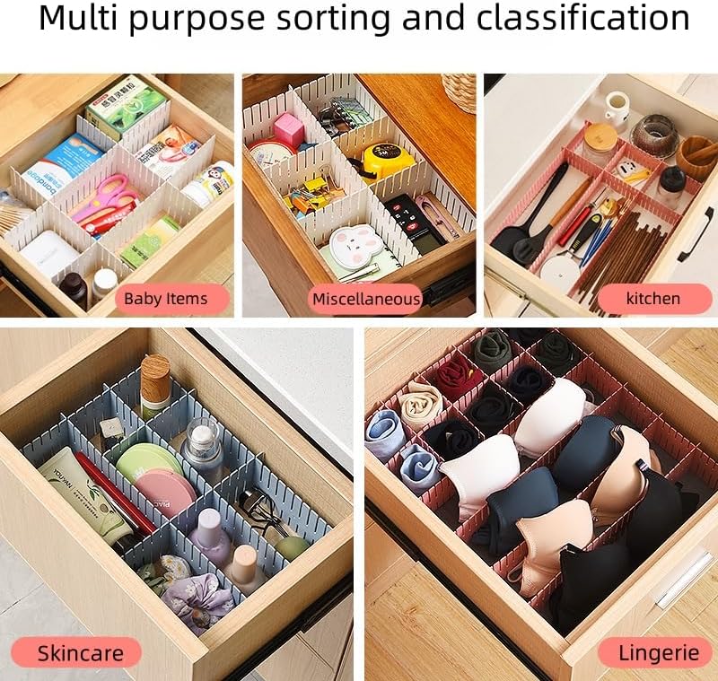 Adjustable Drawer Divider Kit – 8 Pack (White + Blue) – DIY Expandable Drawer Organizer for Dresser, Kitchen, Bathroom