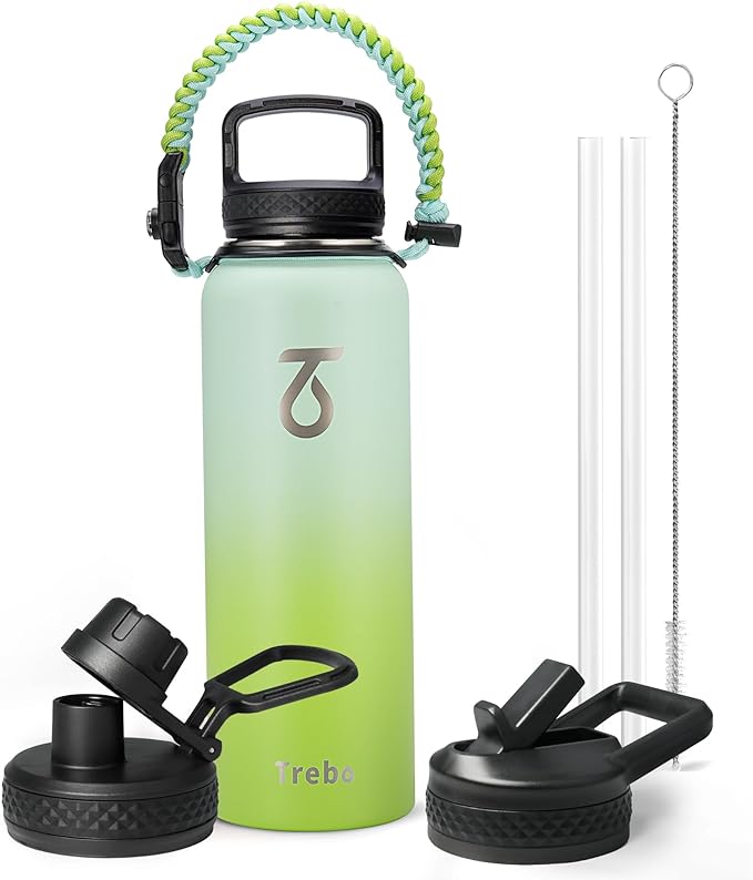 Trebo 40oz Water Bottle Insulated with Lid and Straw,Double Wall Vacuum Stainless Steel Metal Sports Flask with Paracord Handle, Keep Hot 24 Hours & Cold 48 Hours Water Jug with 3 Lids, Dark Green