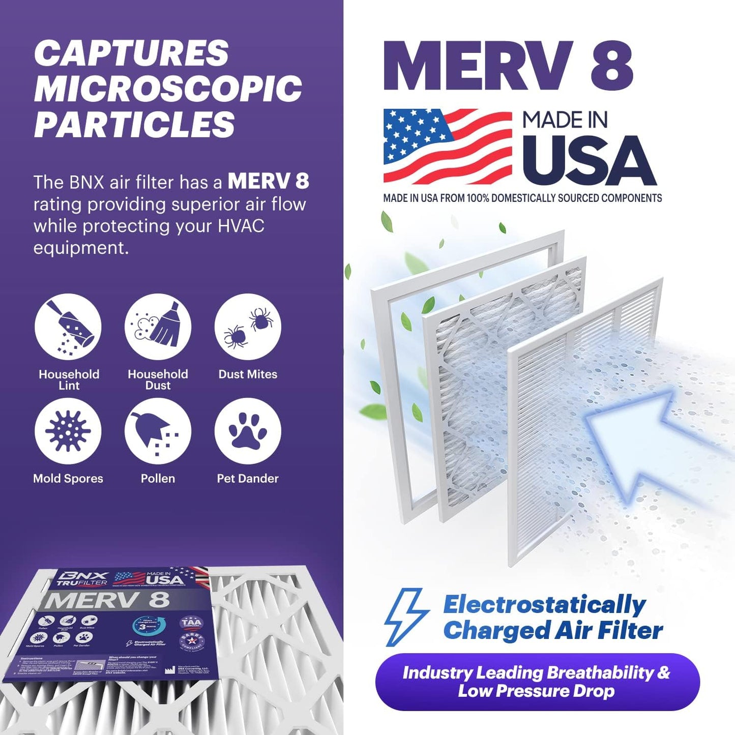 BNX TruFilter 16x25x1 Air Filter MERV 8 (6-Pack) - MADE IN USA – Dust & Pet Defense Electrostatic Pleated Air Conditioner HVAC AC Furnace Filters for Dust, Pet, Mold, Pollen MPR 600 – 700 & FPR 5