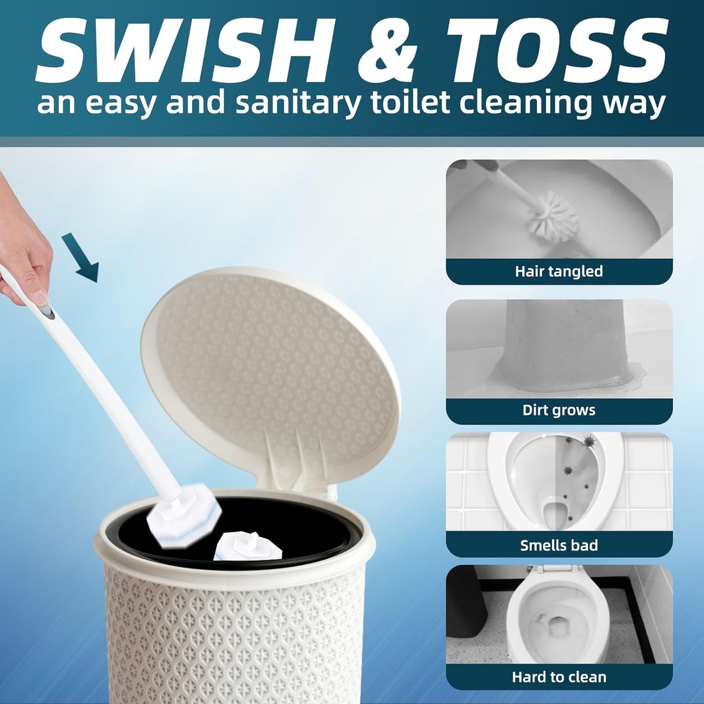 RLOW Disposable Toilet Brush Set with 20 Refills, Toilet Bowl Brush and Holder Disposable Toilet Cleaning System- Toilet Brush, Storage Caddy and 20 Refill Heads for Bathroom Cleaning
