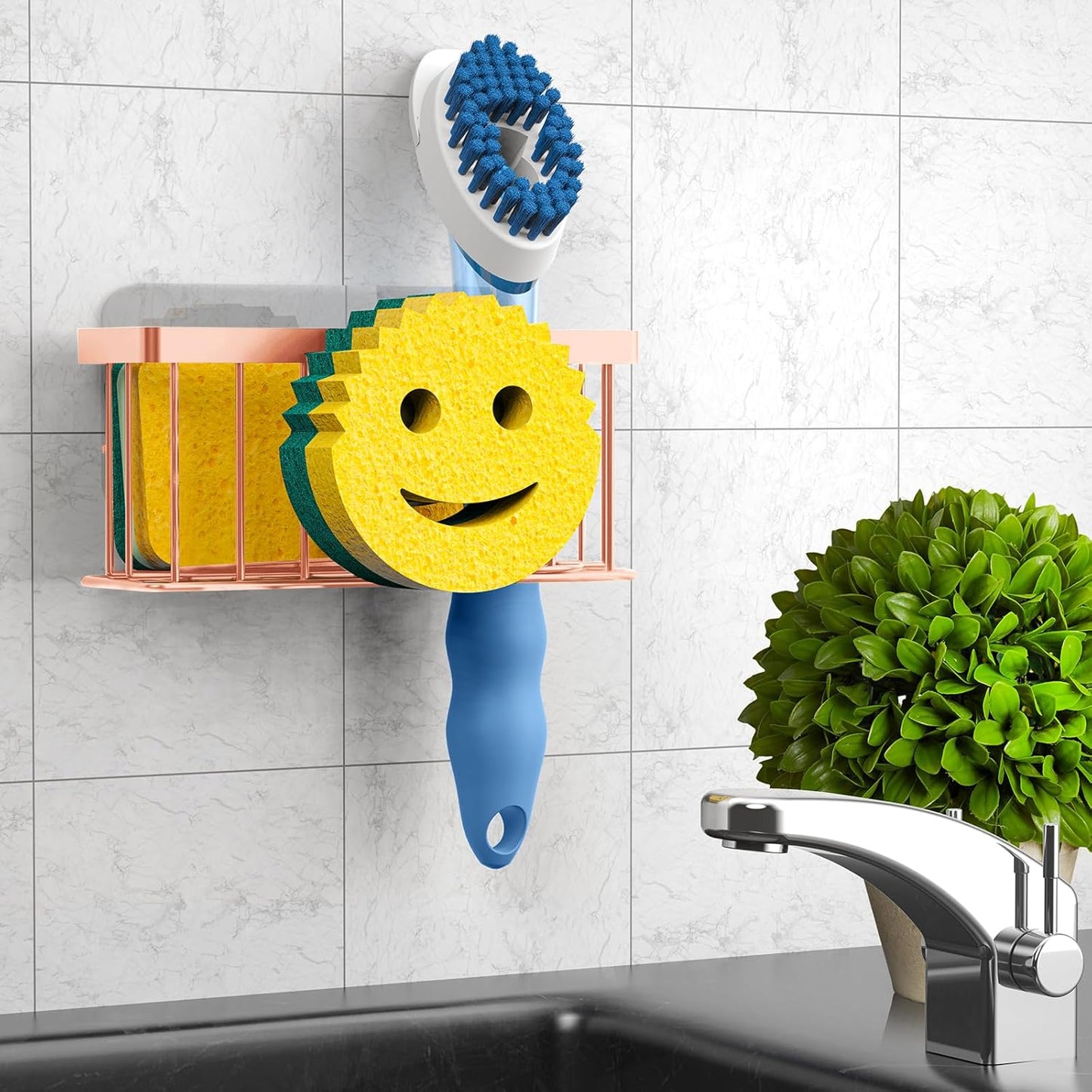 Sponge Holder Smiley Face,Sink Caddy for Kitchen Sink,Sponge Holder with 2 PCS Suction Cups/1 PCS Adhesive Strips,Designed for Sponge,Soap,Dish Brush,Scrubber-Rose Gold