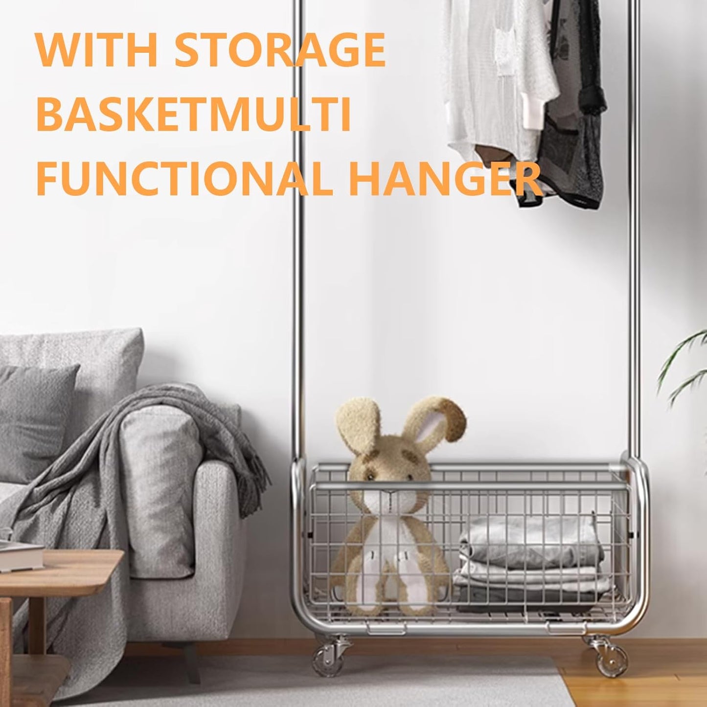 Garment Rack With Storage Baskets,Clothing Rack for Hanging Clothes, Multi-functional Bedroom Clothes Rack with Wheels for Bedroom, Living Room, Easy Assembly (24inch length)