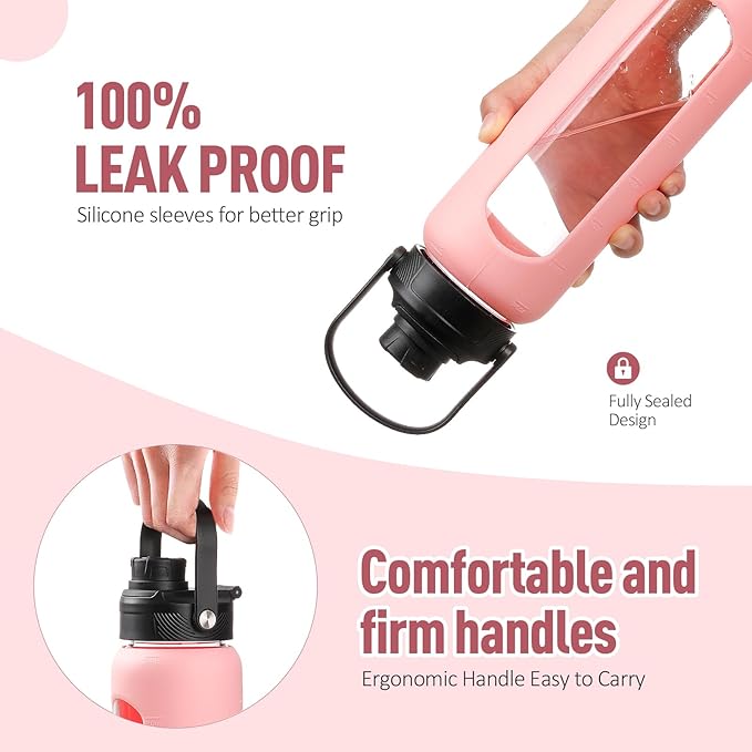 Kodrine Water Bottle with Straw, 24 oz Glass water Bottle with 2 Lids Bamboo Straw Lid and Spout Lid with Handle, 32 oz Clear Water Bottle Glass for Sports Travel, Waterbottle with Time Marker