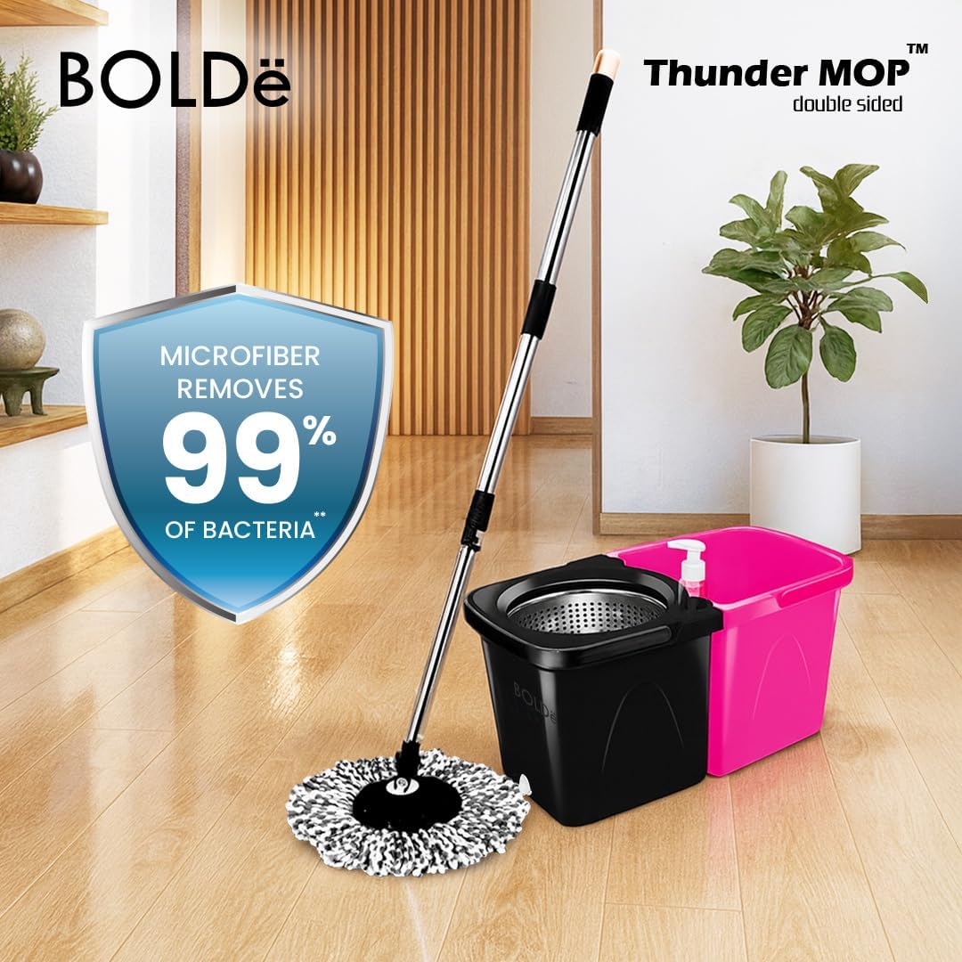 Thunder Mop Spin System - 2 Compact Stackable 6L Buckets, Microfiber Head, Stainless Steel Wringer, Antifungal Quick-Dry Cleaning, Soap Dispenser, 3 Free Refills (Black/Pink)