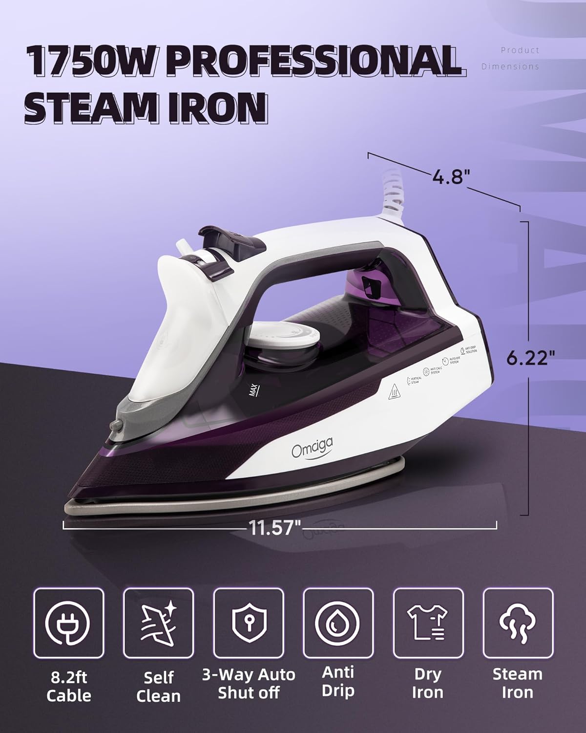 Steam Iron for Clothes - 1750W Iron with Upgrade Double-Layer Ceramic Soleplate, Burst of Steam, 3-Way Auto-Off, Self-Cleaning, Anti-Calc, 13.5oz Water Tank Ironing Clothes for Home, Purple