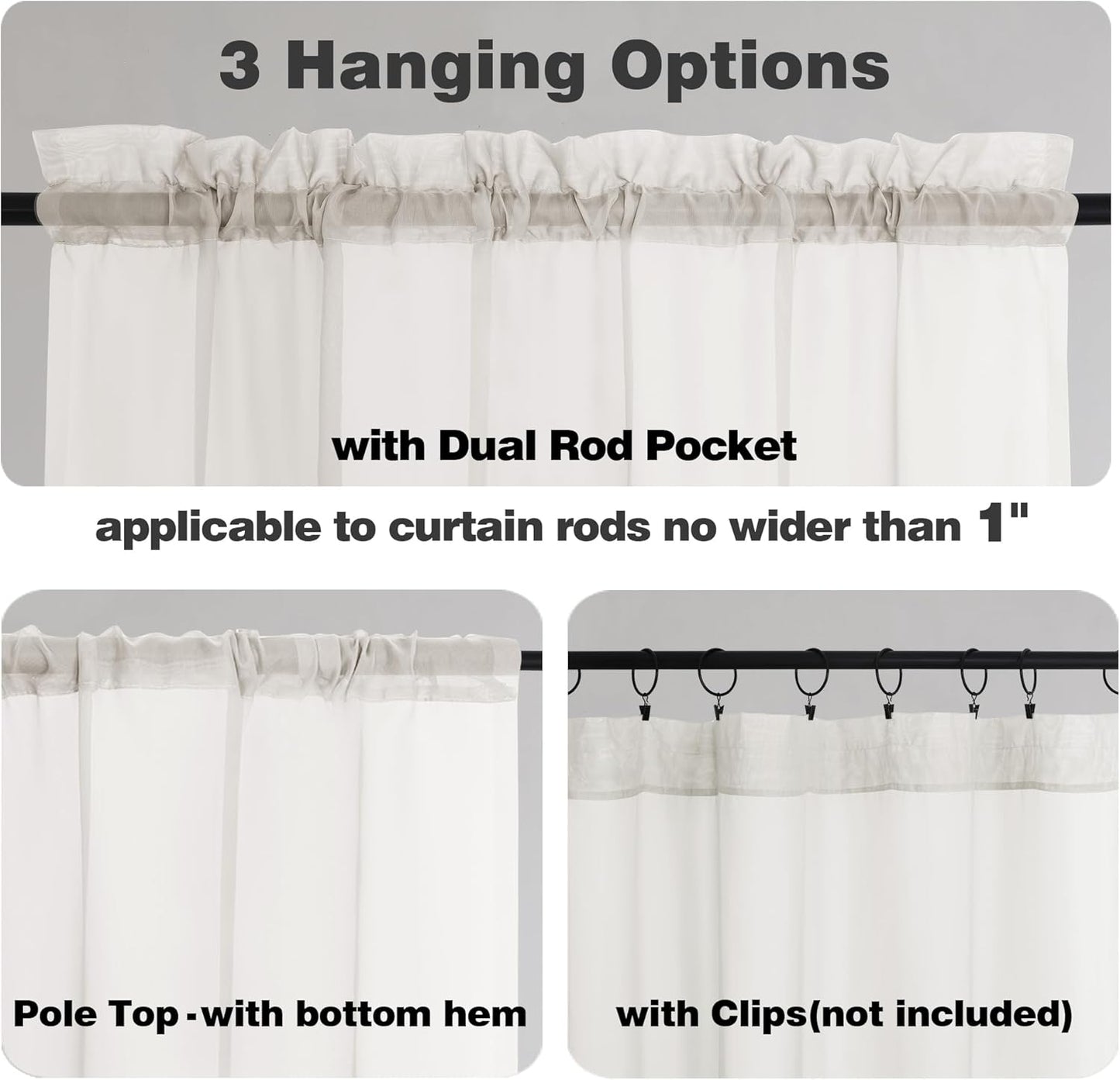 Chyhomenyc Sheer Ivory Valances for Windows 2 Pack, Small Window Curtains for Living Room Bathroom Cafe Laundry Basement, Modern Top Dual Rod Pocket Voile Curtain, 42W x 18L inches, Ivory