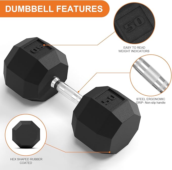 Rubber Coated Hex Dumbbell Weight Set, Multiple Sizes Exercise & Fitness Dumbbells,100LB Set,110LB Set,200LB,350LB,450LB,550LB, 35-50Lbs Pairs for Muscle Toning, Strength Building & Full Body Workout