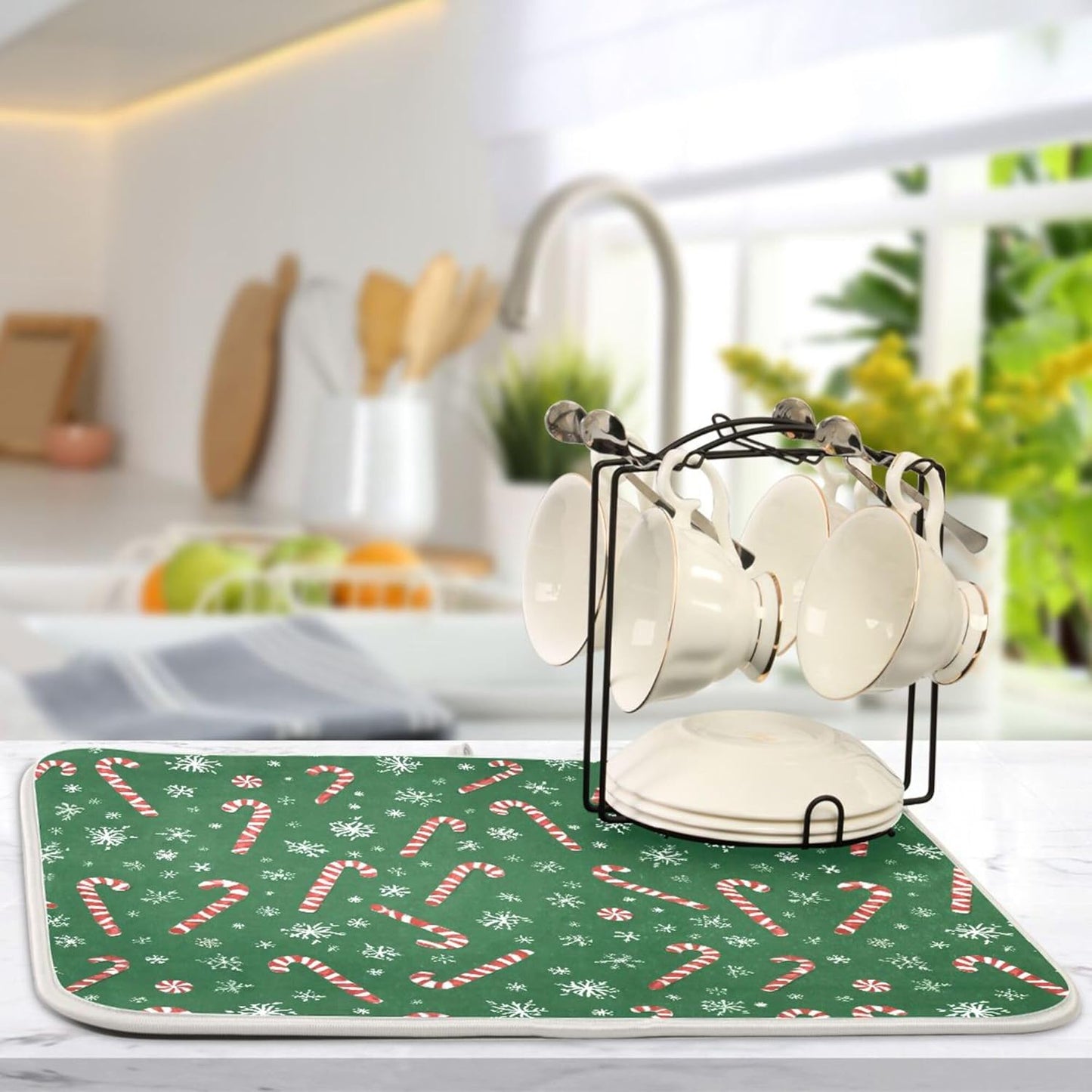Christmas Candy Cane Dish Drying Mat for Kitchen Countertop 18x24 Winter Snowflake Green Xmas Large Drying Mat Reusable Quick Dry Dish Sink Mats Easy Clean Decorative Essentials
