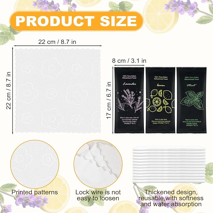 Moist Cotton Towel Bulk Moist Towelettes Individually Wrapped 8.7" x 8.7",White Towel Services,Refreshment Pre Moistened Towels Lavender, Lemon and Mint for Sport Party Spa （pack of 60)